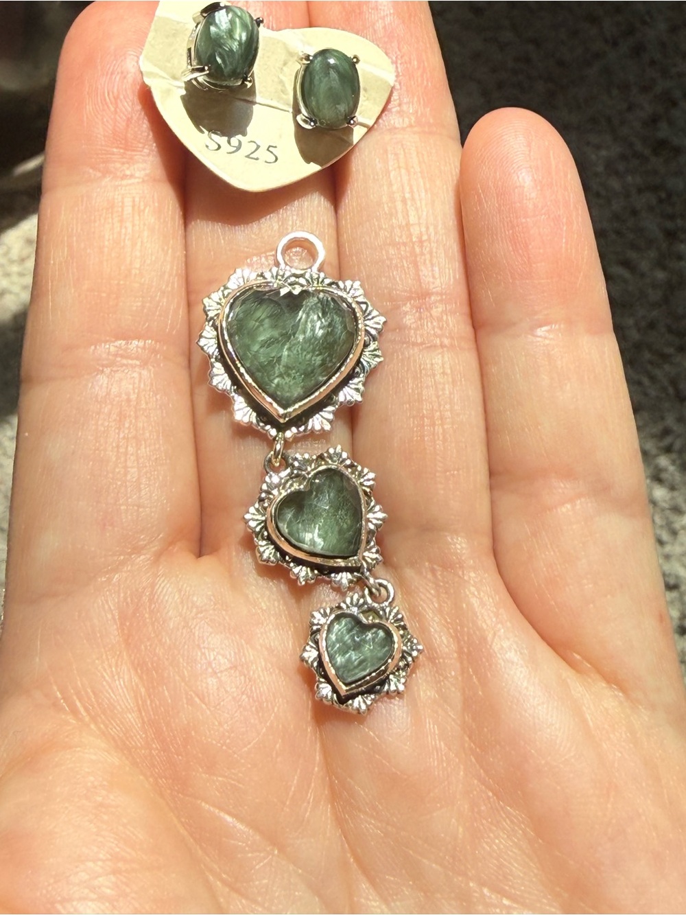 Sterling Silver Heart Drop Pendant and Stud Earrings - Seraphinite Gemstones